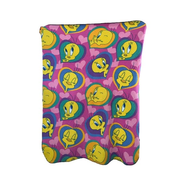 Vtg Baby Looney Tunes Fleece Throw 46"x63" Tweety Bird Hearts Warner Brothers - Picture 2 of 8